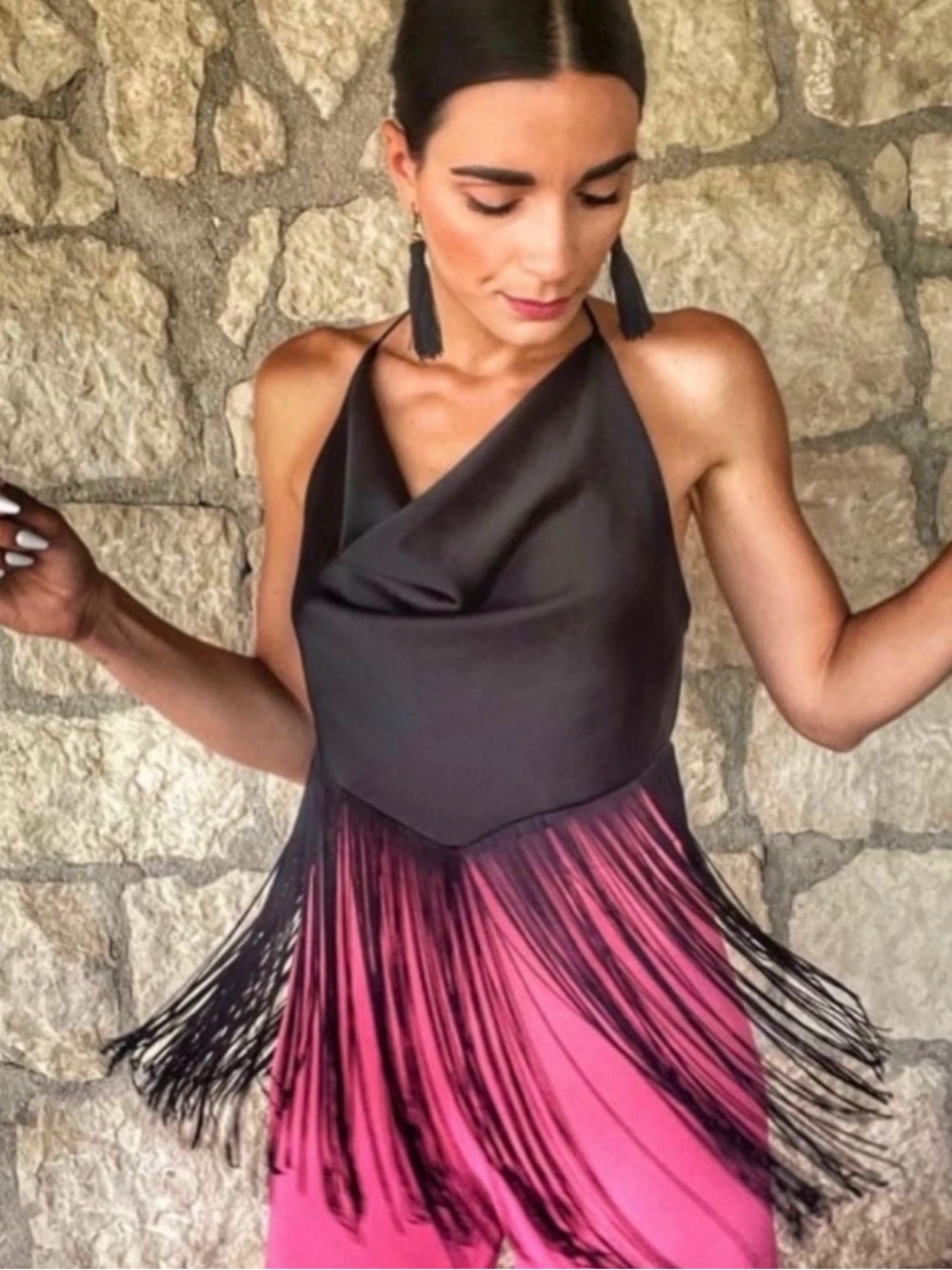 Zara Black Halter Crop Top with Fringe